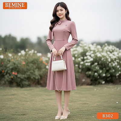 Đầm thiết kế BEMINE cổ trụ có dây nơ tay dài dáng chữ A phù hợp đi làm-B302