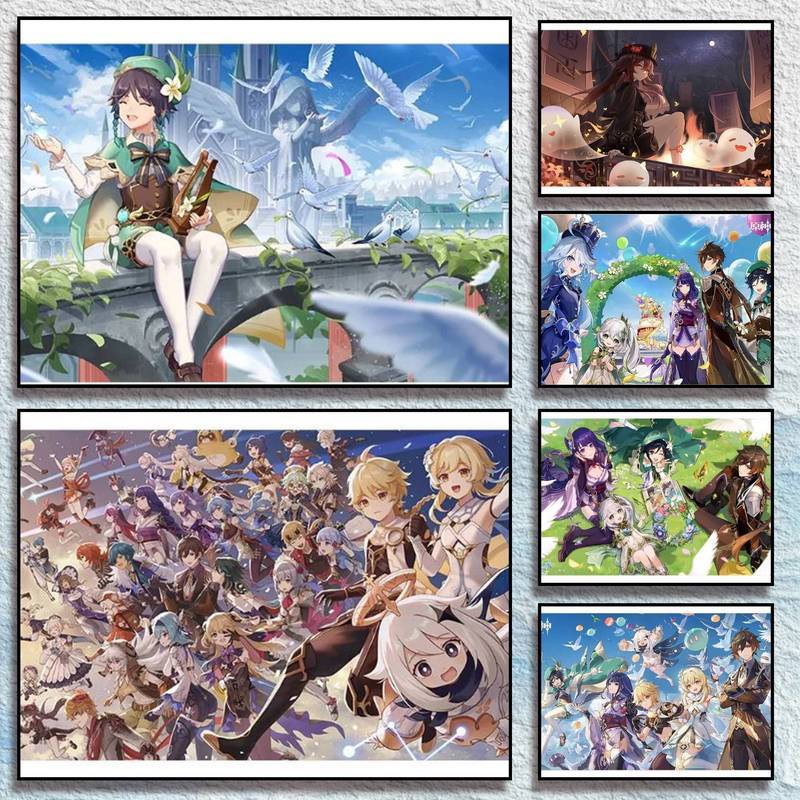 Genshin Impact Hu Tao Xiao Furina Keqing Anime Game Character Canvas Poster HD Print No Frame Wall A