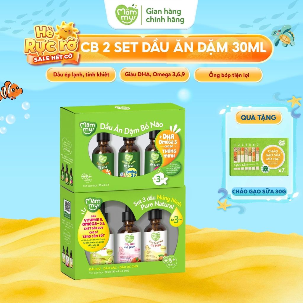 Combo 2 set 3 dầu ăn dặm Mămmy dầu olive, cá hồi, hạt lanh, óc chó, bơ, gấc bé 6tháng