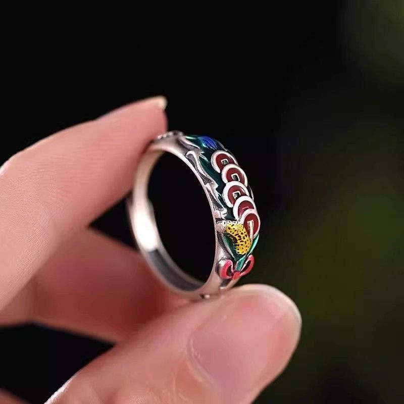 Preferred in-stock items#99Pure Silver Five Emperors Coin Ring for Men and Women, Ethnic Style, Enam