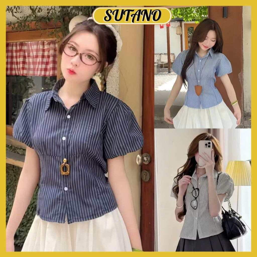 Áo sơ mi kẻ tay phồng dáng ngắn có dây thắt sau lưng chất thô linen cao cấp A285 SUTANO | BigBuy360 - bigbuy360.vn