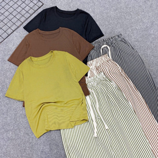  Set đồ bigsize nữ áo thun babytee dáng ôm tay ngắn mix quần dài suông kẻ sọc chất thô mềm – G244+Q534 