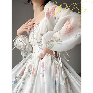 {Yumi-Oder}Váy Kiểu Pháp Xương Cá Mỏng In Hình Mối Tình Đầu Tiên Váy Tiên Váy Dài Nghỉ Trà