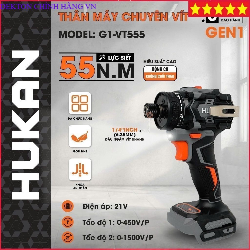 Máy chuyên vít trượt HUKAN G1-VT555, 23 cấp trượt, Chân pin phổ thông M21, Lực siết 55NM . DEKTON CH