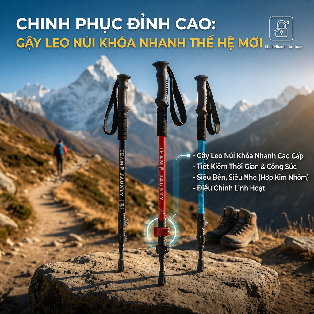 Gậy leo núi khóa nhanh Team Jaunty 135cm hợp kim nhôm siêu nhẹ, thiết kế bền bỉ, hỗ trợ tốt cho mọi 