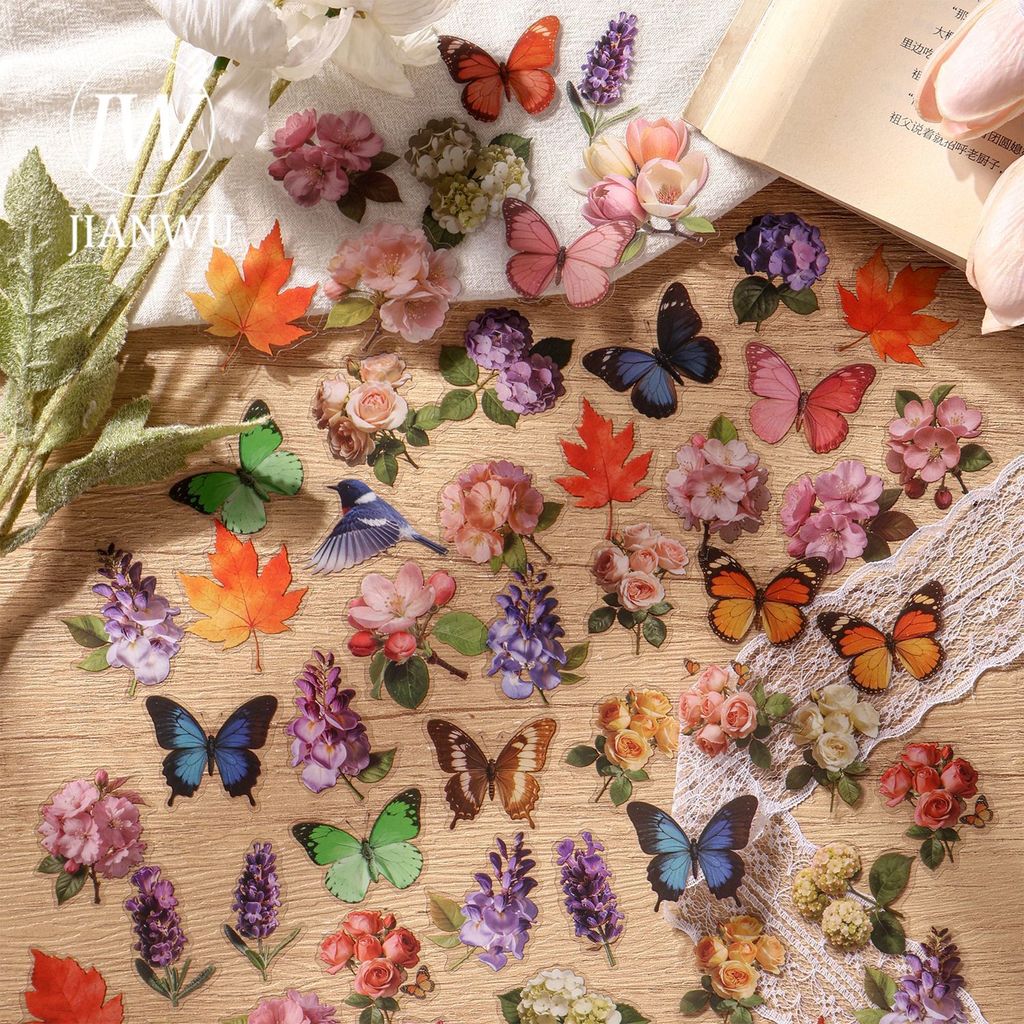 JIANWU Vintage Bướm Hoa Chim Phong Lá Phong Vật Liệu Phong Cảnh Cắt Kéo Thêu Sò PET Miếng Dán Sáng T