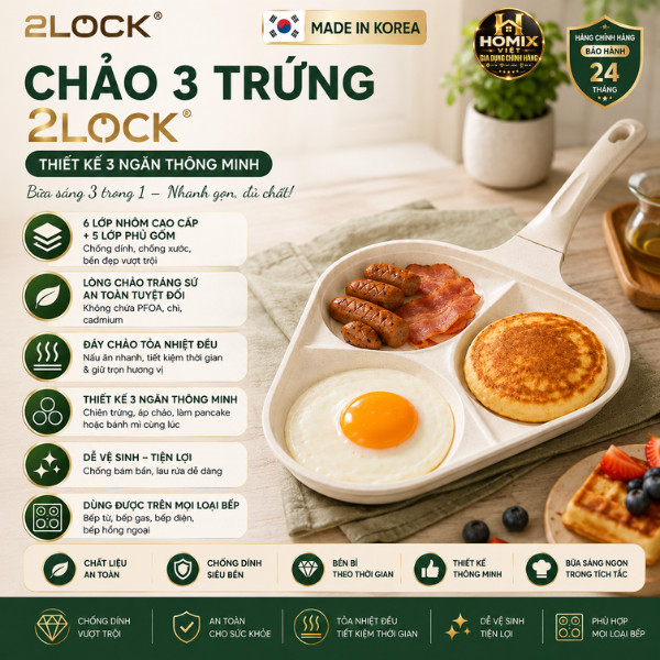 Chảo 3 Ngăn 2Lock Hàn Quốc Chống Dính Tráng Sứ, Không Kén Bếp, Chính Hãng Bảo Hành 24 Tháng