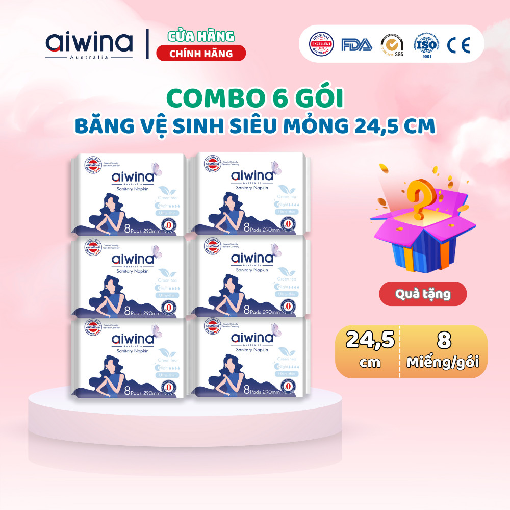 [Combo 6 gói] Băng vệ sinh siêu mỏng ban ngày AIWINA (24.5cm gói 8 miếng)