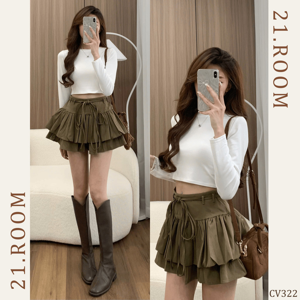 Chân Váy Cạp Cao Xếp Tầng Dáng Xoè Kèm Đai Dây Nơ Khoá Sườn 21.ROOM CV322
