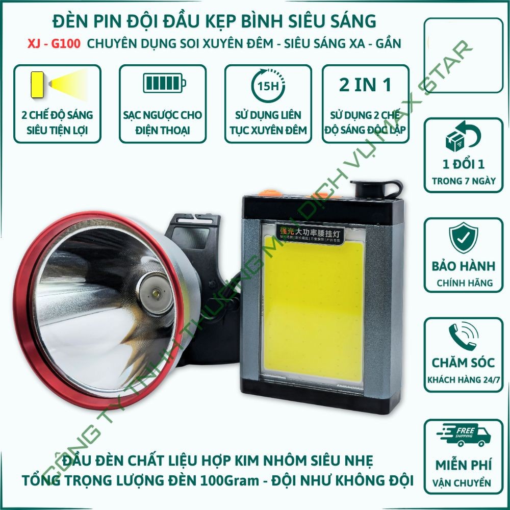 Đèn pin đội đầu kẹp bình siêu sáng chiếu xa 2 chế độ sáng độc lập XJG100 đèn kẹp bình ác quy dùng đi