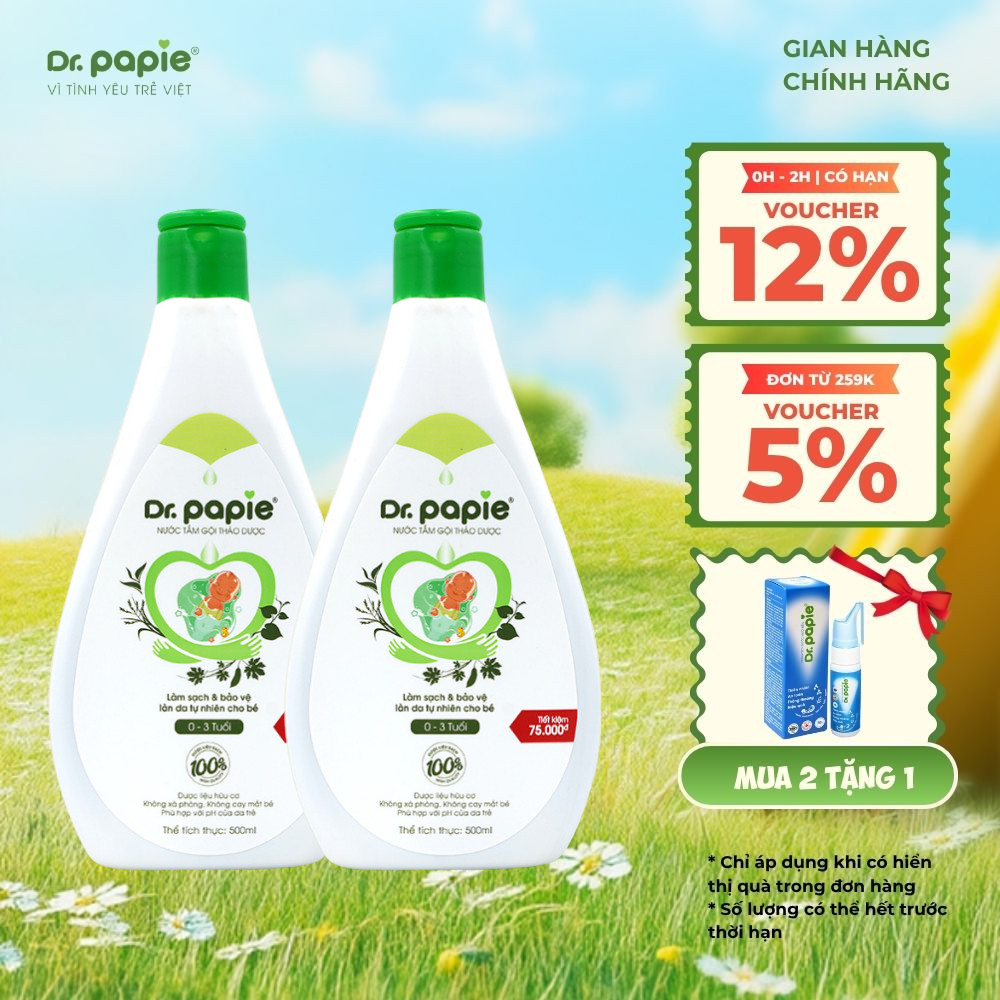 Combo 2 Nước Tắm Thảo Dược Dr Papie Giúp Giảm Mẩn Ngứa Và Rôm Sảy, Hỗ Trợ Làm Sạch, Mát Da Bé - Chai 500ml