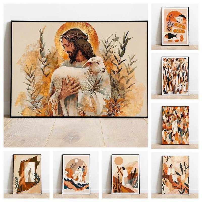 Boho Christian Canvas Nghệ Thuật Treo Tường Chúa Giêsu Good Shepherd Trừu Tượng In Hình Tôn Giáo Pos
