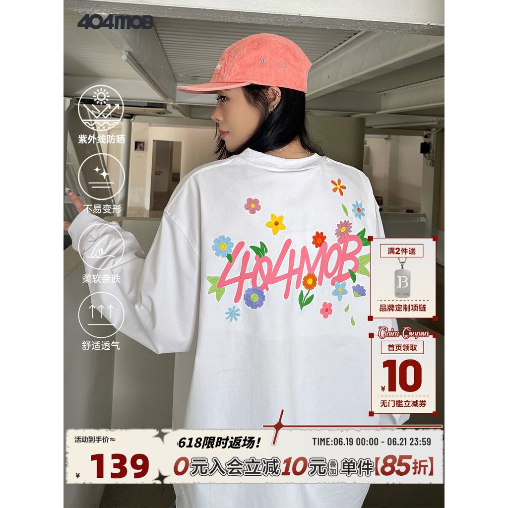 404MOB Hợp Thời Trang Mỹ Công Nghiệp Nặng Thêu Hoa Dài Tay Áo Thun Nam Graffiti Rời
