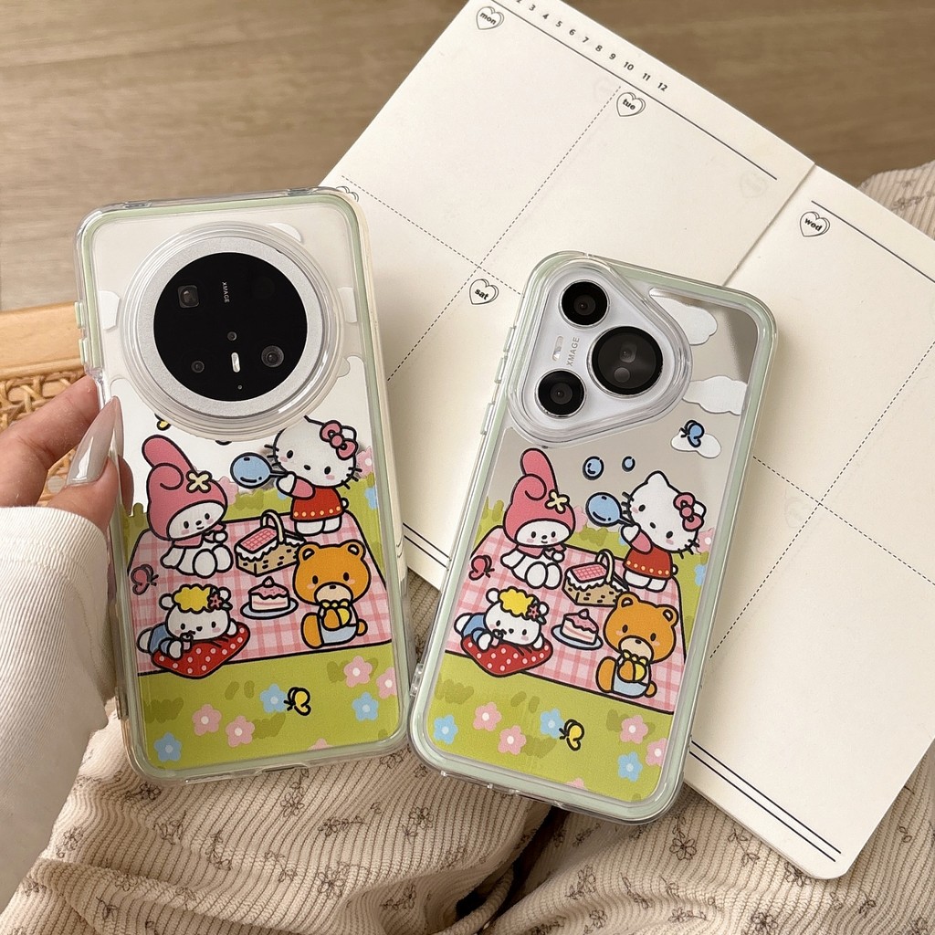 Phong Cách Dã Ngoại Hello KT Gương Bề Mặt Vỏ Điện Thoại Gương Trang Điểm Di Động Chống Sốc Vỏ Bảo Vệ