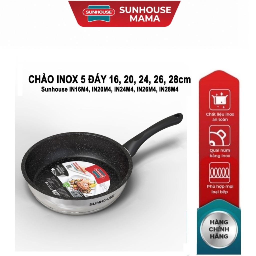 Chảo cạn inox 5 đáy Sunhouse IN16M4/ IN20M4/ N24M4/ IN26M4/ IN28M4