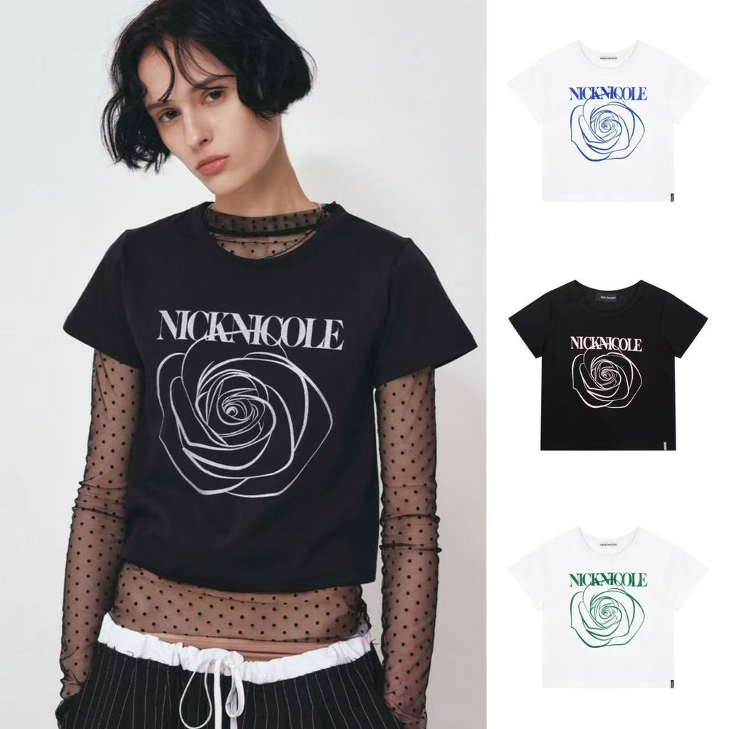 K6GT 2025New Korean Style Nick*nicole Women's rose-print versatile casual sports short-sleeve crop t