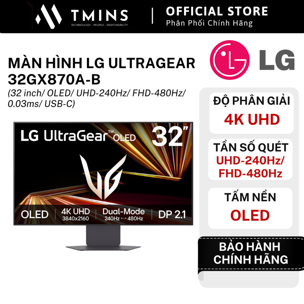 Màn hình LG UltraGear 32GX870A-B (32 inch, OLED, UHD-240Hz, FHD-480Hz, 0.03ms, USB-C) - Chính hãng