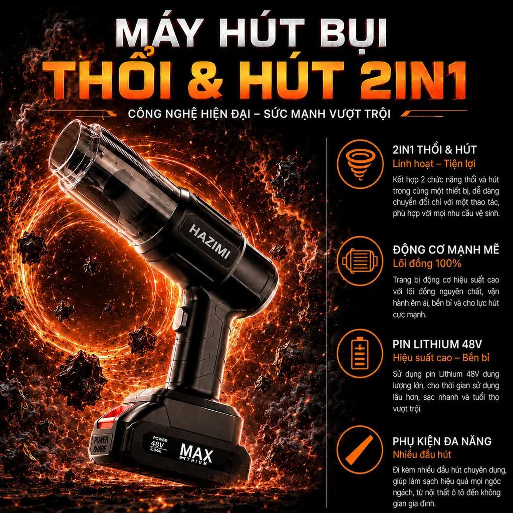 Máy Hút Bụi Cầm Tay Đa Năng 2in1 HAZIMI Kiêm Máy Thổi Bụi Công Suất Lớn, Vệ Sinh Ô Tô Nhà Cửa. MA-50