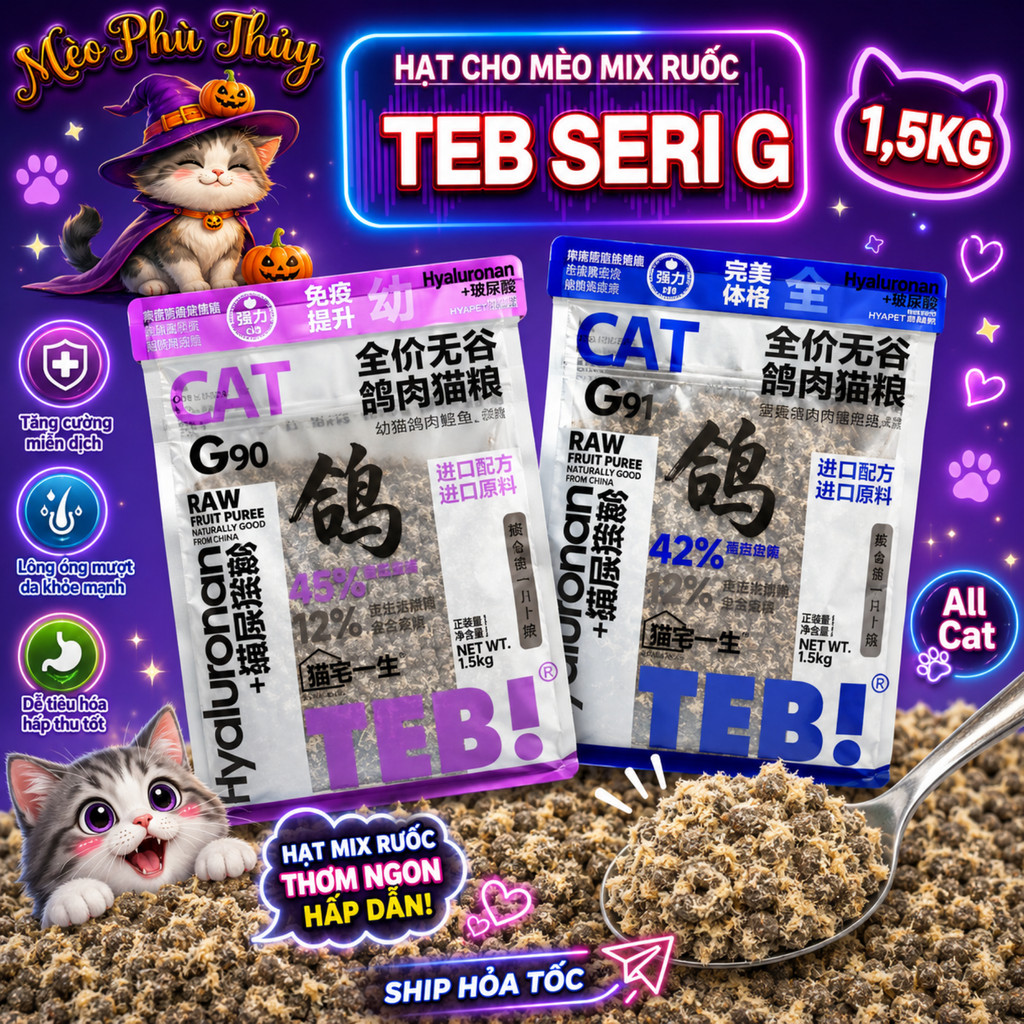Hạt Cho Mèo Mix Ruốc TEB Seri G 1.5Kg G90 G91 42%-45% Đạm , Donut Phủ Ruốc Gà Mèo mọi lứa tuổi