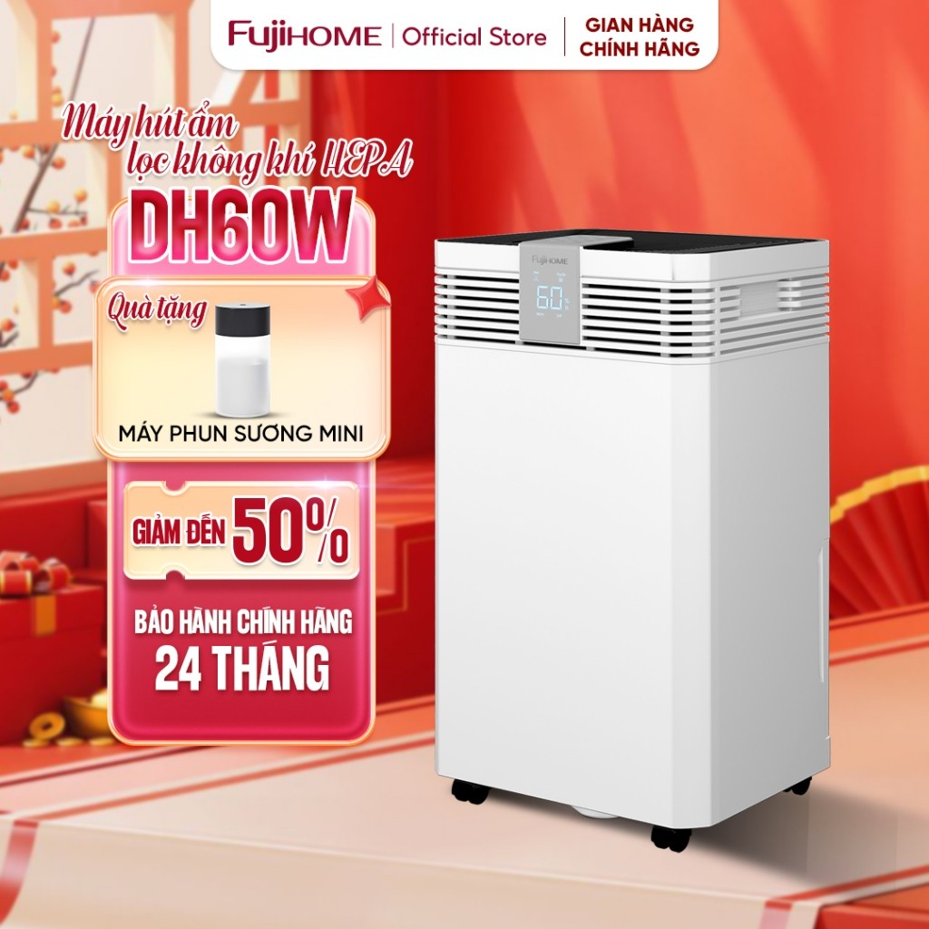 Máy hút ẩm công suất lớn 60L/ngày lọc không khí HEPA FUJIHOME DH60W phòng 40-100m2, kết nối Wifi điề