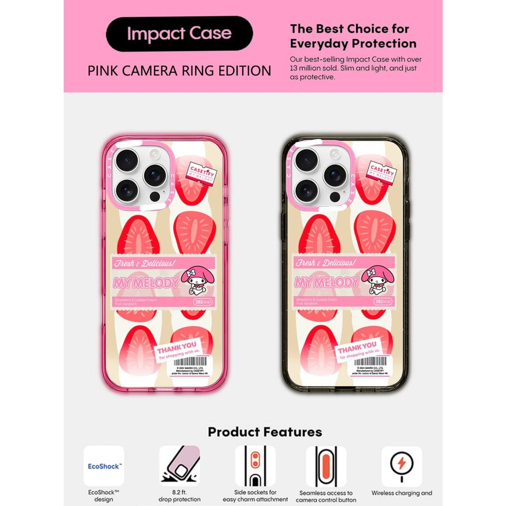 CASECASE X Mymelody Check Case HỒNG CAMERA RING EDITION Tác động Đen Hồng Fizz Rõ Ràng Cứng Từ Hút T