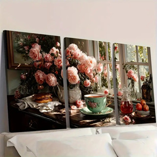  Bộ 3 tranh sơn dầu tách trà hoa "Trà sớm bên cửa sổ & Hoa hồng hồng" phẳngTranh treo tường đóng khung bằng vải bạt 