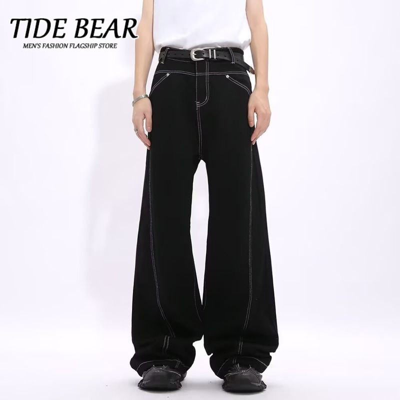 TIDE BEAR Unisex Jeans Cổ Điển Streetwear Mỹ, Màu Đen Trắng, Thiết Kế Ống Đứng Loe