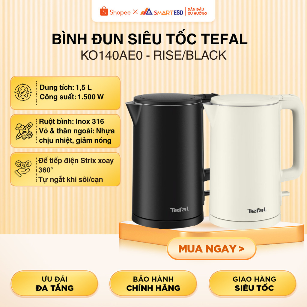Bình đun Tefal 1.5L KO140AE0 - Rise/Black - Hàng chính hãng |Hỏa tốc 2h HCM|
