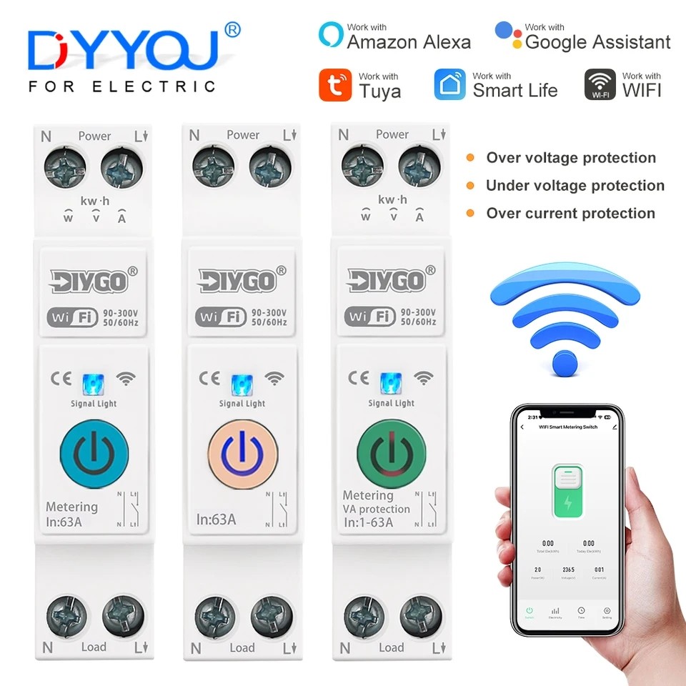 Aptomat CB thông minh (Đo công suất điện) Wifi Tuya 80A 60A 40A 32A 25A bật tắt từ xa qua điện thoại