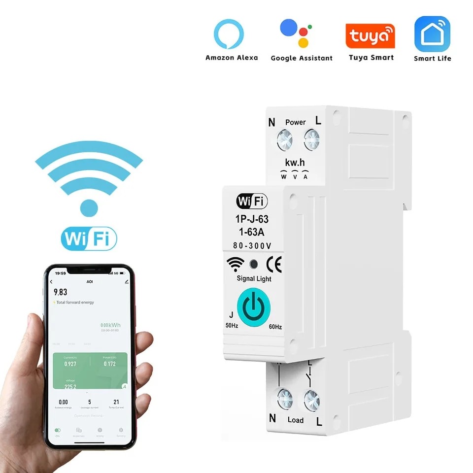 Aptomat CB thông minh (Đo công suất điện) Wifi Tuya 80A 60A 40A 32A 25A bật tắt từ xa qua điện thoại
