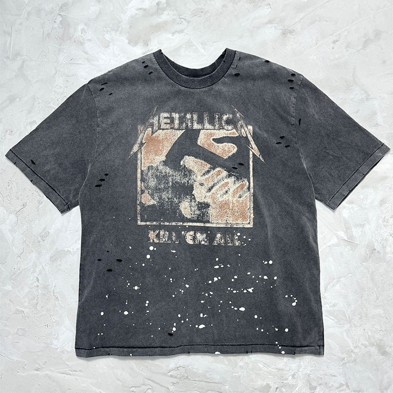 37TS vintage High street washed vintage distressed casual loose-fit unisex short-sleeve shirt T T-sh