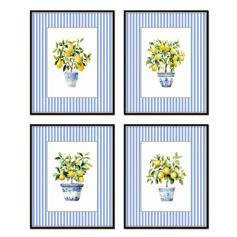 Ven biển Chinoiserie Cây chanh Canvas Nghệ thuật treo tường Màu xanh sọc nền Chậu cây Poster Bộ tran