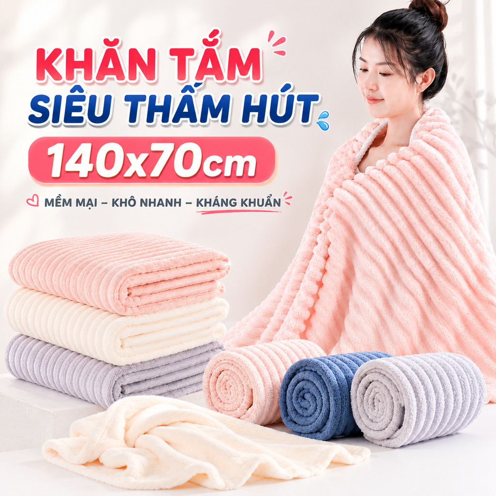 Khăn tắm siêu thấm hút 140x70cm, khăn tắm to cao cấp dạng sóng nước mềm mại, thấm hút nước tốt