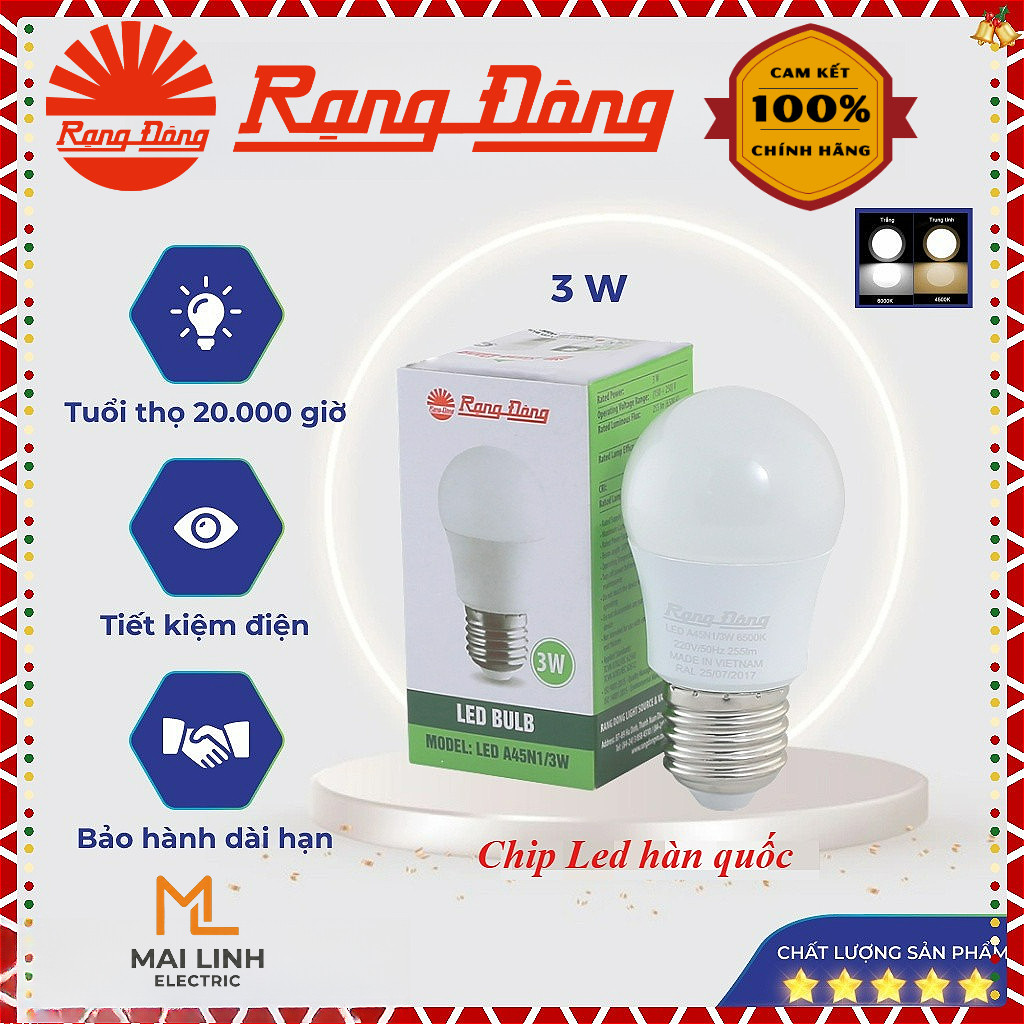 (Rạng Đông) Bóng đèn Led bulb tròn 3W - Đui xoáy E27 siêu sáng, tiết kiệm điện, MODEL Bulb A 3W