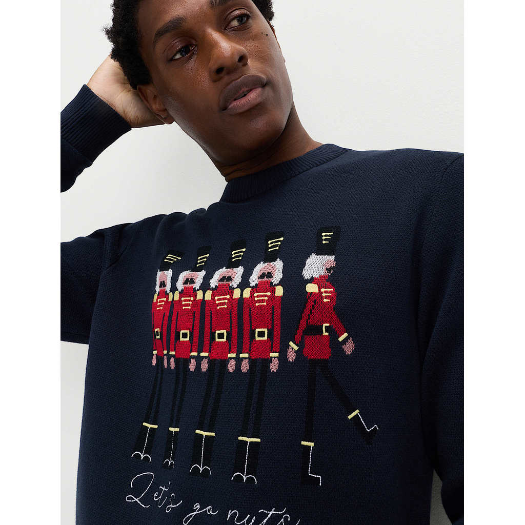 M&S - Pure Cotton Let's Go Nuts Crew Neck Jumper - NAVY MIX