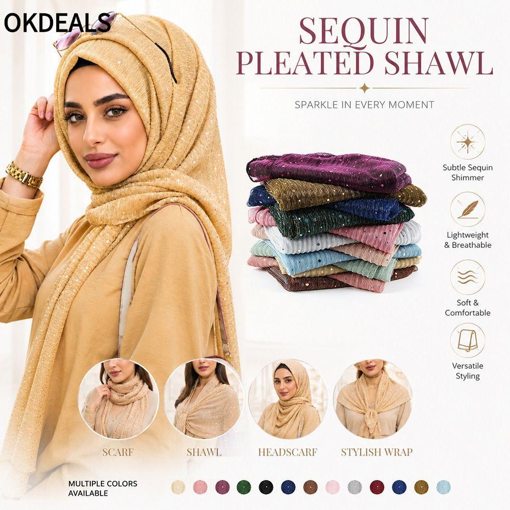 OKDEALS Khăn choàng Sequin, có tấm che nắng Sequin Khăn trùm đầu Hijab đính Sequin, Phong cách dân t