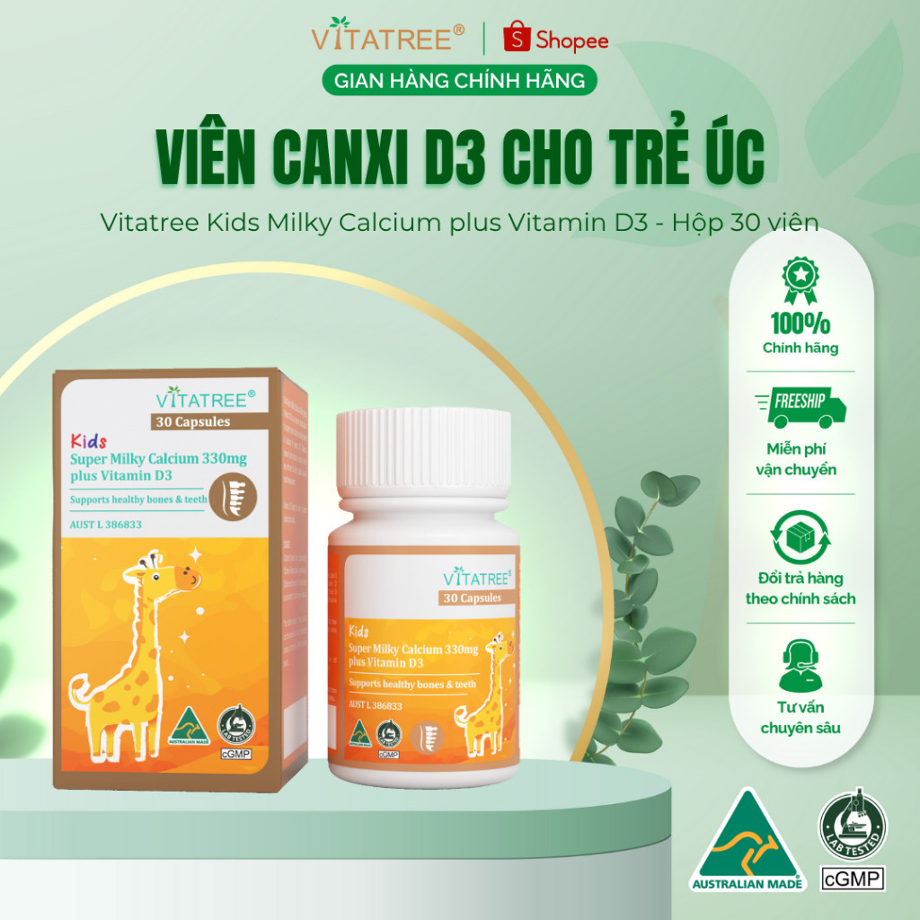 TPBVSK Kids Super Milky Calcium 330mg plus Vitamin D3 Hộp 30 viên - Viên canxi sữa Vitatree