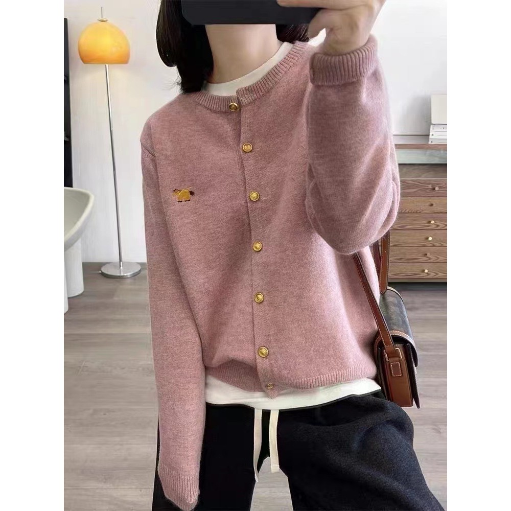 Áo cardigan len Merino cho phụ nữ, áo len thêu ngựa con rộng rãi, áo khoác cổ tròn, vừa vặn
