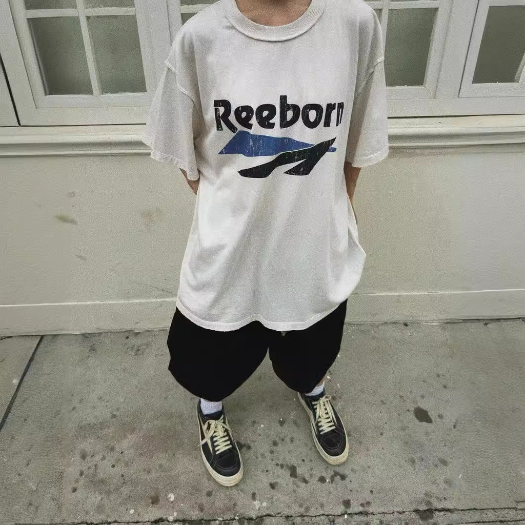 V4DK VINTAGE Letter text bubble print distressed vintage high street short sleeve shirt T T-shirt Me