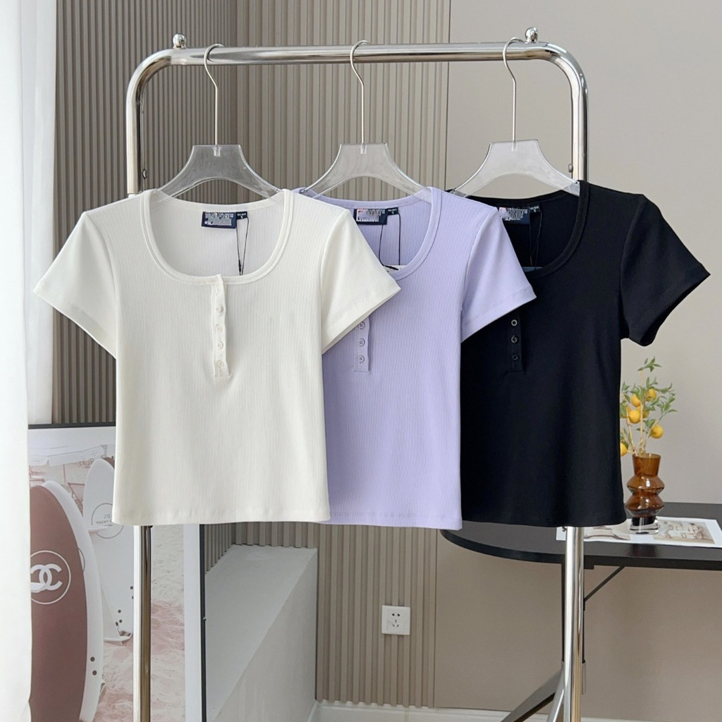 H15P Feijia square-neck short style T Women's summer new slim-fit ribbed half-button slimming embroi