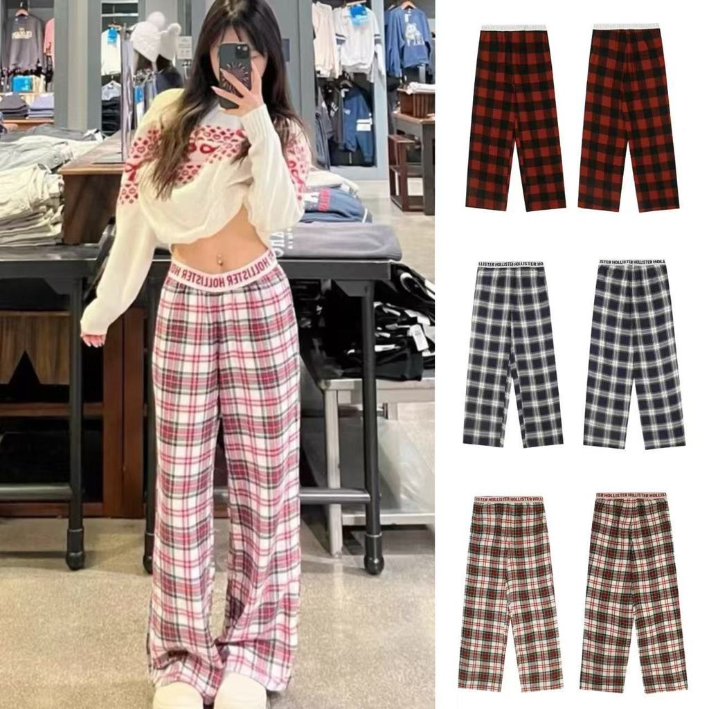 KM0Y Holli*ster American retro style seagull plaid letter tape casual versatile long pants pajama pa