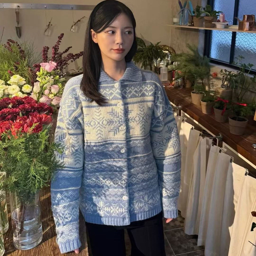 RWUD The same style as Heo Jeong's in Korea GED Snowflake jacquard color-blocked Fair Isle knit swea