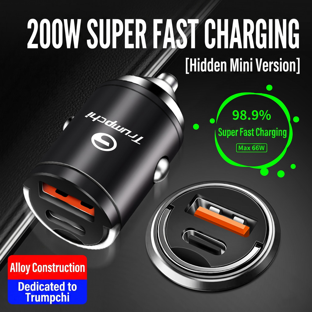 200W Ẩn Mini Xe Sạc Hợp Kim Kim Loại USB Loại C Sạc Nhanh Xe Thuốc Lá Bật Lửa Adapter PD QC Sạc Siêu
