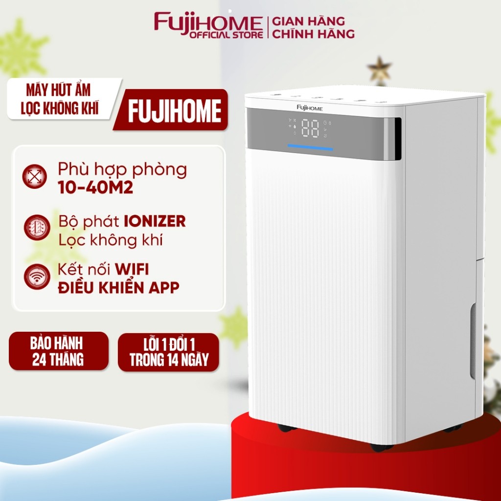 Máy hút ẩm lọc không khí 12L/ngày FUJIHOME DH12NW, công nghệ máy nén phòng 20m2, kết nối Wifi điều k