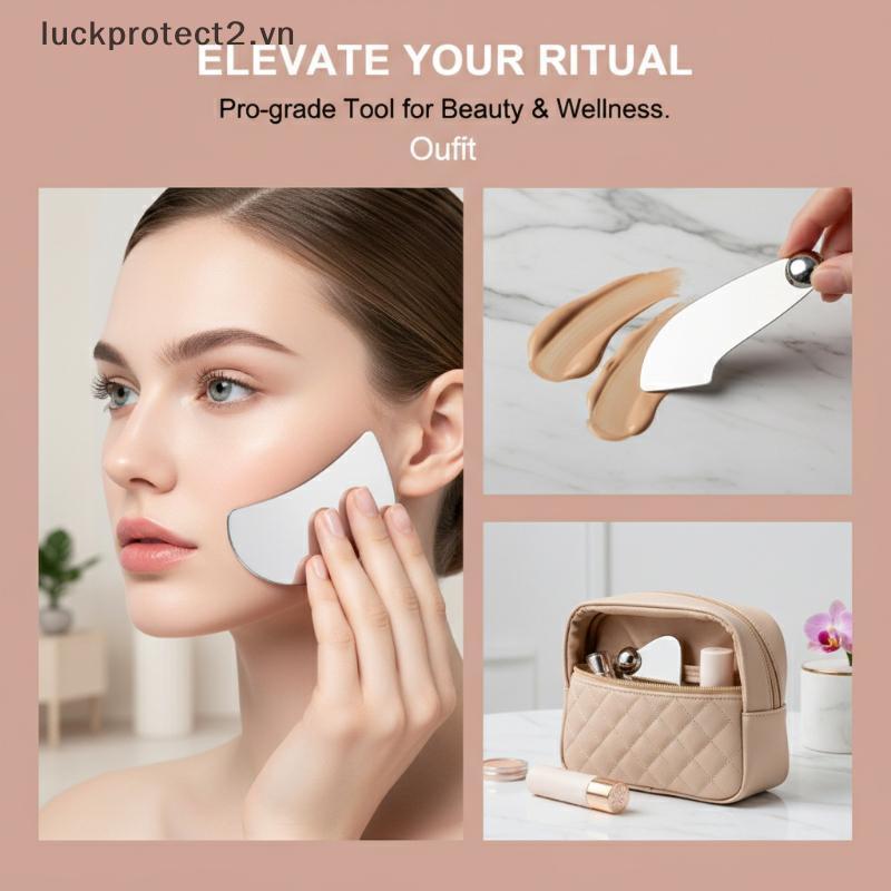 # luckpro # Dụng cụ cạo Guasha bằng thép không gỉ có túi da Pu Thìa kim loại Máy mát xa mặt Dụng cụ 