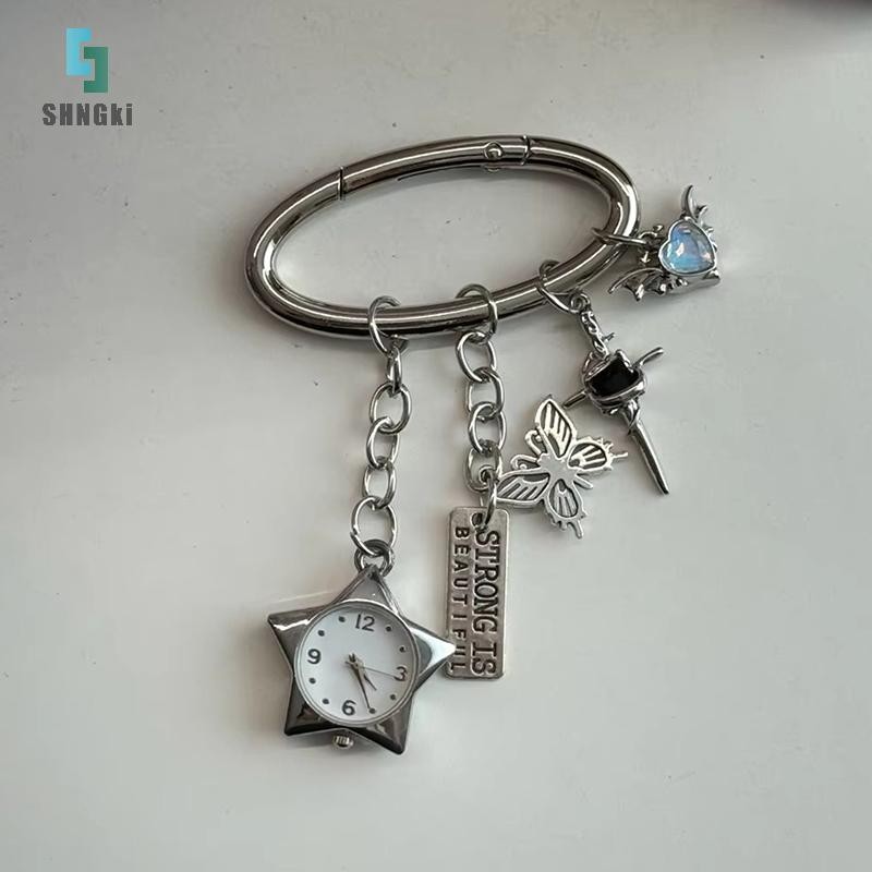 [SHNGki] Y2K Vintage Star Watch Móc khóa Carabiner Mặt dây chuyền Túi đôi Charm Phụ kiện trang trí [