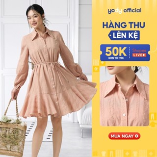   Đồng giá  Váy đầm nữ YODY xoè tầng có đai eo tay dài phồng cotton mềm mại hoạ tiết thêu WCDR25S008 