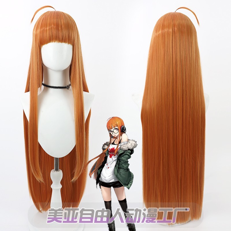 Tóc giả Persona 5 Sakura Futaba màu cam đỏ, kiểu thẳng dài, mô phỏng da đầu
