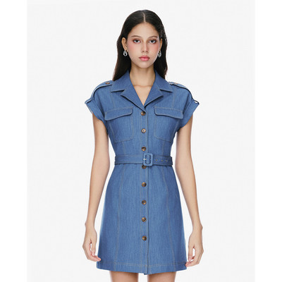 GIGI - Đầm denim mini cổ bẻ tay ngắn phối thắt lưng_G2101D251164-56