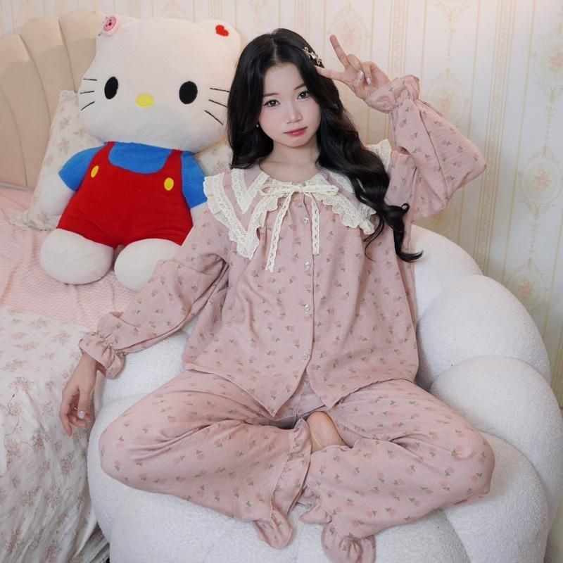 Đũi hàn dài tay bộ ngủ dài tay nữ tiểu thư cổ nhọn bèo vải đũi mùa hè mặc đi ngủ mát mẻ thoải mái Women Quần Ngủ Áo Ngủ | BigBuy360 - bigbuy360.vn